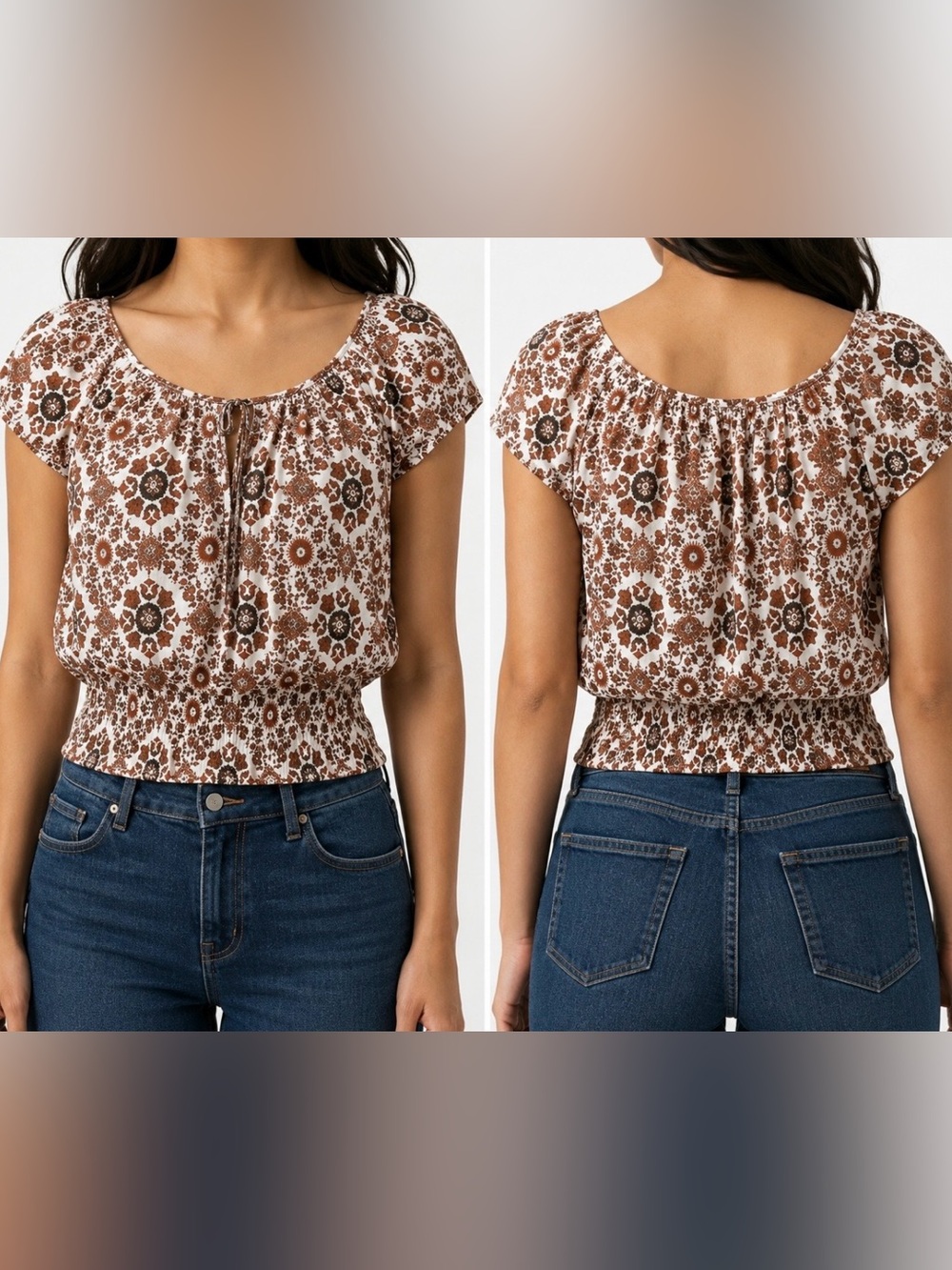 MAX STUDIO Smocked Hem Floral Short Sleeve Blouse in Multi Color